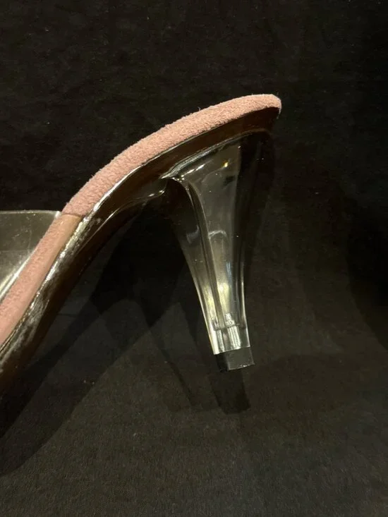 Sz 6 Womens Dusty Rose Suede & Clear Vinyl Open-Toe Heels With Embroidered Leaf - Picture 4 of 7